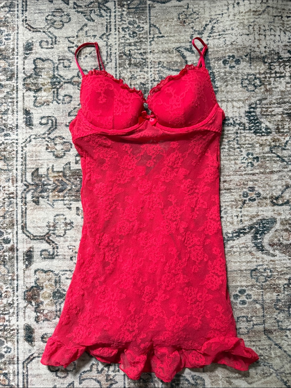 Victoria’s Secret Red Lace Underwire Chemise with Ruffle Hem